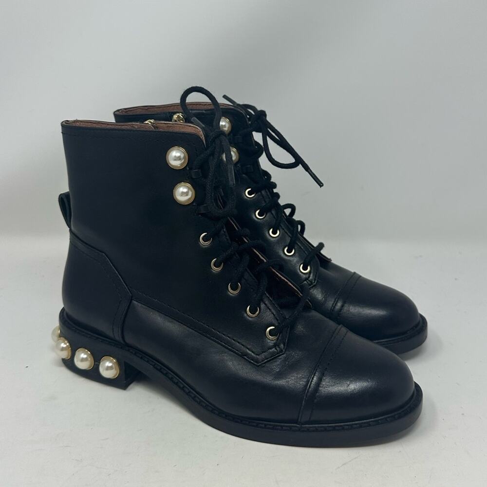 Louise Et Cie Vesna Bootie Size 7.5 Black Leather Pearl Stud Ankle Combat Shoes